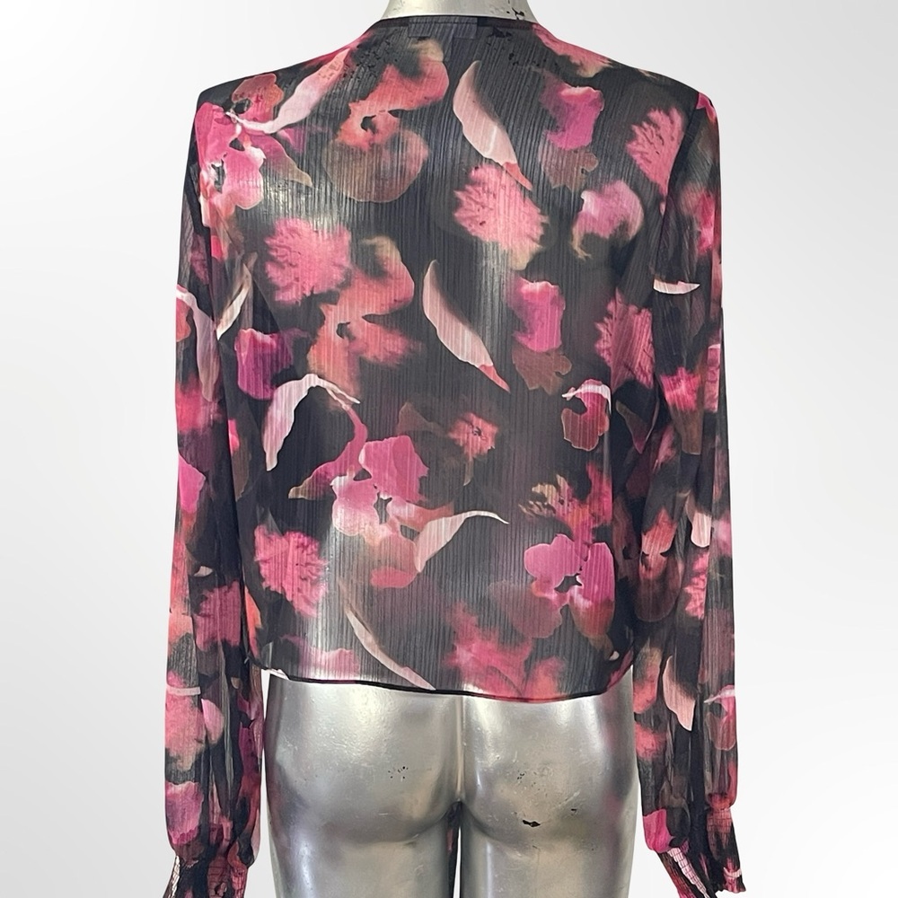 Bar III Black Blouse with Pink Floral Tie-Front - Picture 2 of 5